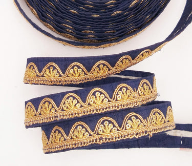 Navy Blue Art Silk Trim with Gold Embroidery and Sequins Indian Sari Border Trim By 3 Yards Decorative Trim Craft Lace